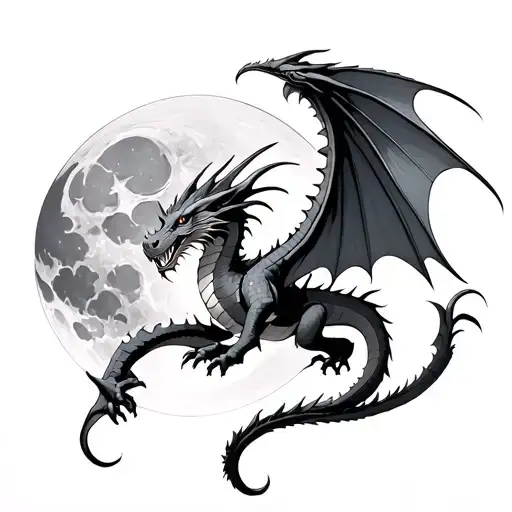 dragon flying towards moon tattoo design idea