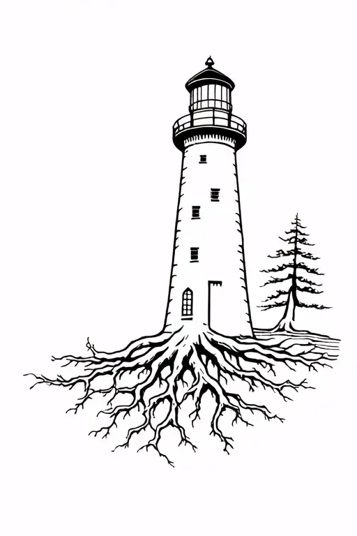 A lighthouse with roots tattoo design idea