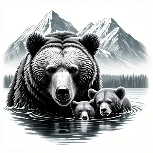 mother bear with two cubs in a river with mountains in the back  tattoo design idea