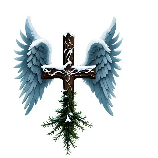 cross, pine tree, angel wings, roots, elaborate, snow tattoo design idea