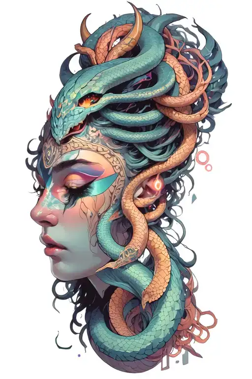 medusa goddess with oni mask, snakes hair tattoo design idea