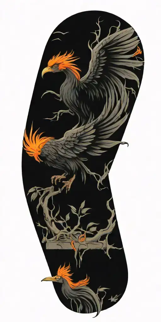 phenix rising from fire water plants growing roots erased-stairs tattoo design idea