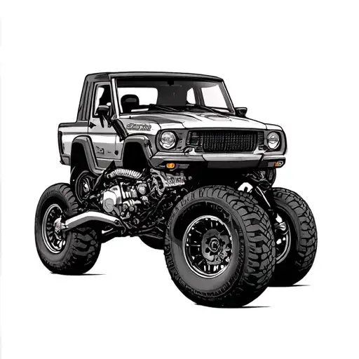 forearm tattoo incorporating z900 motorcycle,lifted Jeep wrangler on 37" inch tires and s550 mustang with mechanical the tattoo design idea