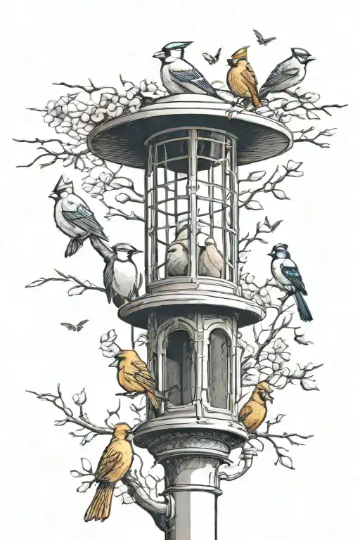 cardinals jays doves and crows sitting on a 3 hooked light lamppost with an anti squirrel bird feeder  tattoo design idea
