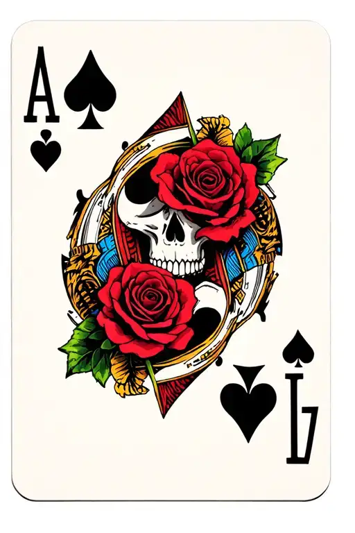 playing card: ace of hearts with a skull in the middle with a single rose in the mouth tattoo design idea