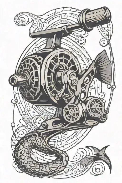 A stylized fishing reel with intricate geometric patterns, representing the balance between work as an analyst and leisure time spent fishing tattoo design idea