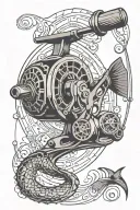 A stylized fishing reel with intricate geometric patterns, representing the balance between work as an analyst and leisure time spent fishing tattoo design idea