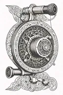 A stylized fishing reel with intricate geometric patterns, representing the balance between work as an analyst and leisure time spent fishing tattoo design idea