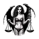 Scary girl in sexy lingerie with demon wings holds scales of justice tattoo design idea