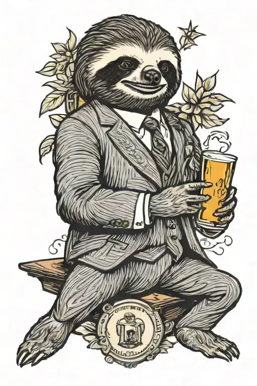 A sloth in a suit holding a whiskey tattoo design idea