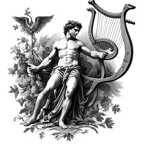 apollo greek god, lyre bow and quiver tattoo design idea