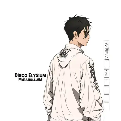 Kim kitsuragi from the game Disco Elysium stands with his back with his head turned, near him the inscription "Sunrise Parabellum" and added tattoo design idea