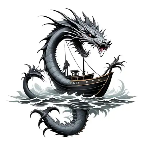 boat and sea dragon fighting tattoo design idea