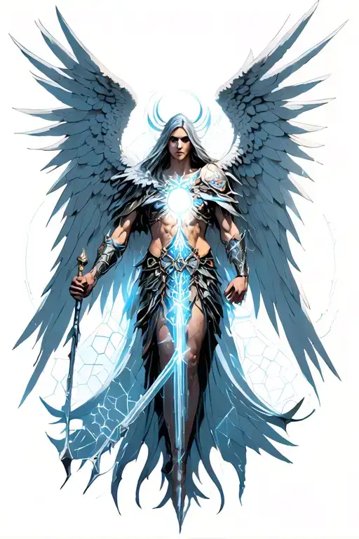 tyrael angel holding a spear, light, long wings, geometric hexagons, large ethereal wings and demon underneath  tattoo design idea