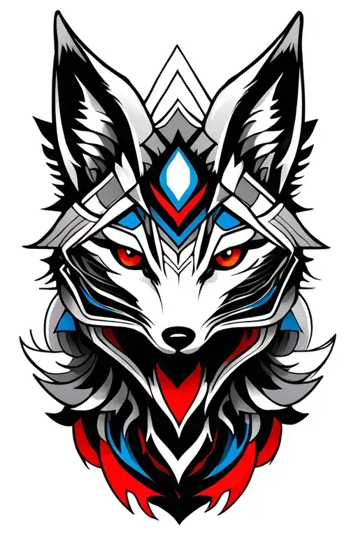 Half Sleeve Geometric Mandala tattoo with red and blue highlights with a kitsune fox mask tattoo design idea