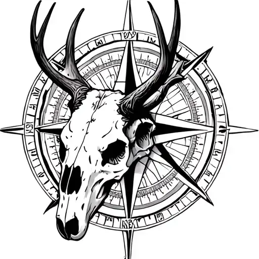 a ancient compass Elk skull tattoo design idea