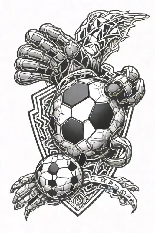 A surreal design of a soccer ball transforming into a shield with goalkeeper gloves on top tattoo design idea