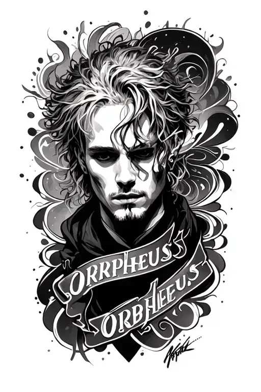 mgk themed tattoos with simple lines, and lyrics from the song orpheus swirling around tattoo design idea