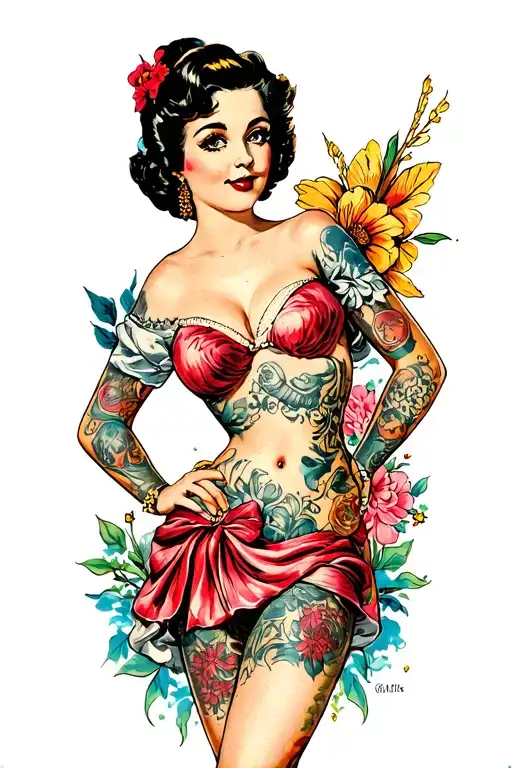 Sexy pin up girl, side profile, full body view, standing, petite, large boobs, tattoo design idea