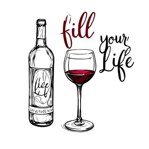 a glass of red wine with a bottle and the inscription fill your life tattoo design idea