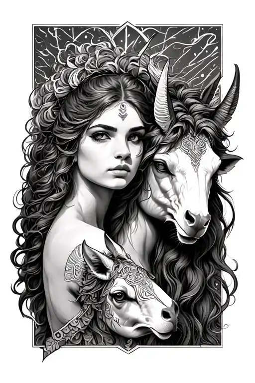 female centaur and minotaur  tattoo design idea