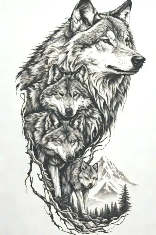 wolf and  mountains and trees tattoo design idea