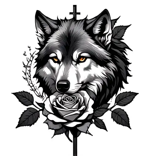 wolf, cross, rose intertwined symbolizing strength tattoo design idea
