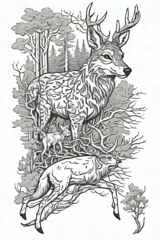 forest hunter dog pigeon deer forest river tattoo design idea