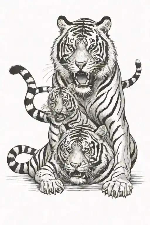 a full body tiger roaring with baby tiger with body in front tattoo design idea