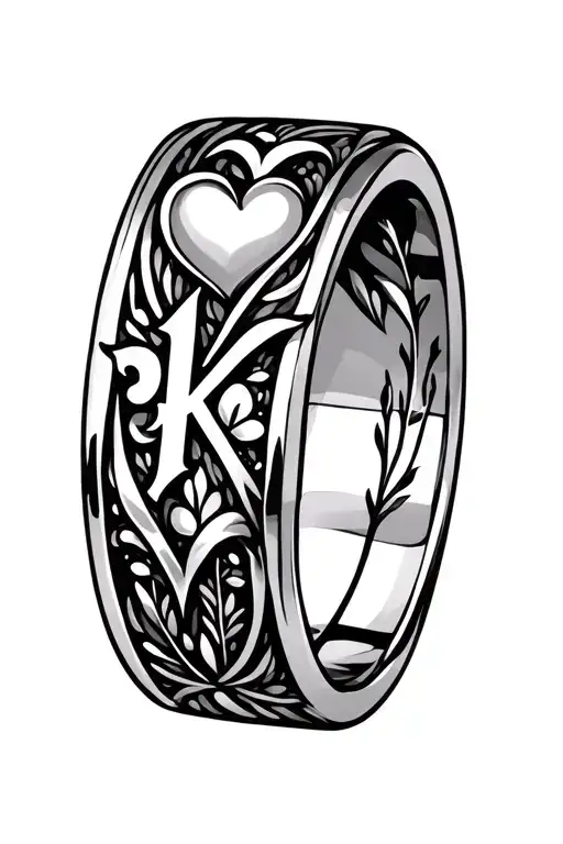 wedding band with letter k and a heart tattoo design idea