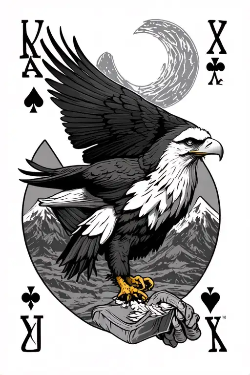 Eagle Holding a Joker card design featuring mountains tattoo design idea