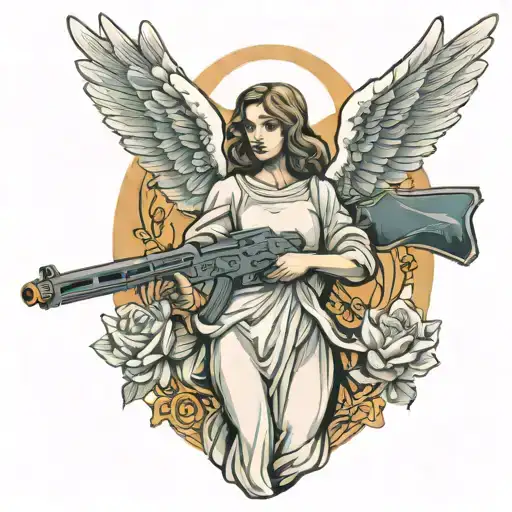 angel holding gun cross with dove flying tattoo design idea