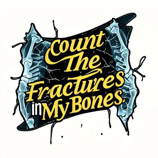 The text" count the fractures in my bones" in a bold font and an image of broken bones on an xray tattoo design idea