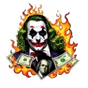 A picture of the joker with a picture Benjamin Franklin at the bottom with flames and money coming out of a skull  tattoo design idea