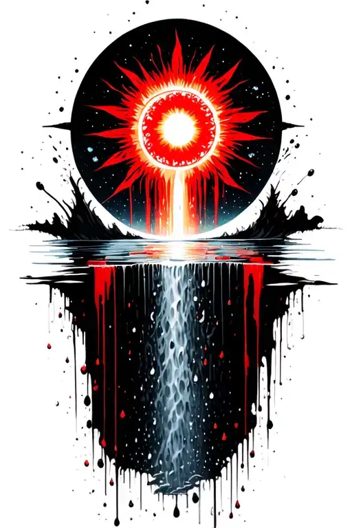 A sun flowing into a universe that turns into a waterfall with rain drops at the bottom tattoo design idea