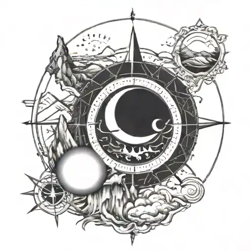 Directional compass in centre surrounded by mountains sea below and sun and moon above with words ap in centre  tattoo design idea