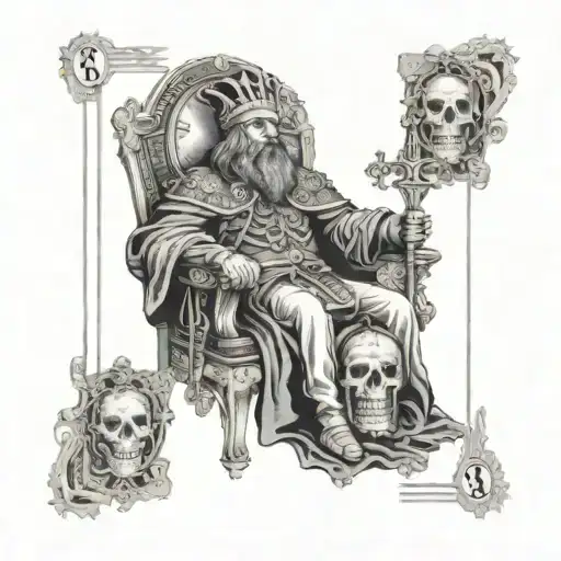 tarot card the emperor, sitting on a skull, golding 2 wand cross body tattoo design idea