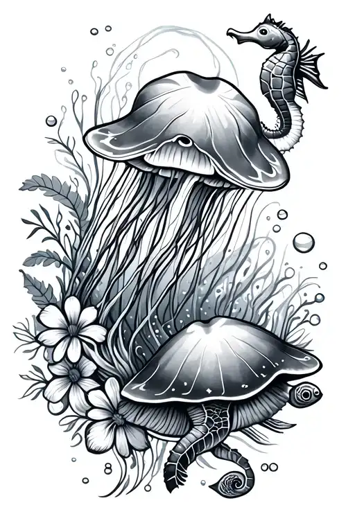 floral aquatic, jellyfish floral, two stingrays swimming, small fish, ocean bubbles, seahorse with florals, turtle,  tattoo design idea