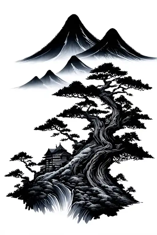 japanese mountains and nature scene tattoo design idea