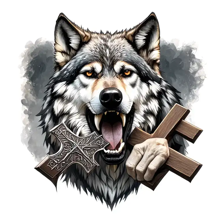 wolf holding a cross in mouth tattoo design idea