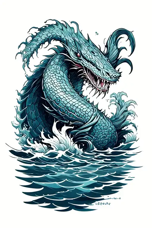 Please draw a sketch of a tattoo of a very evil leviathan in the water on the back tattoo design idea