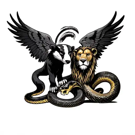 badger and lion and snake and eagle and hogwarts tattoo design idea