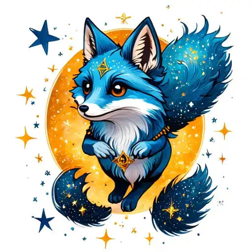 a tarot zodiac running magical blue fox with glitter stars and sparkles with space theme colors  tattoo design idea