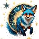 a tarot zodiac running magical blue fox with glitter stars and sparkles with space theme colors  tattoo design idea