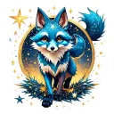 a tarot zodiac running magical blue fox with glitter stars and sparkles with space theme colors  tattoo design idea