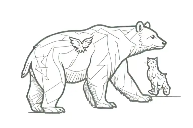 bear walking with teddy in mouth and owl on top tattoo design idea