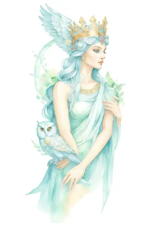 athena goddess with owl perched regally on the sturdy large crown tattoo design idea