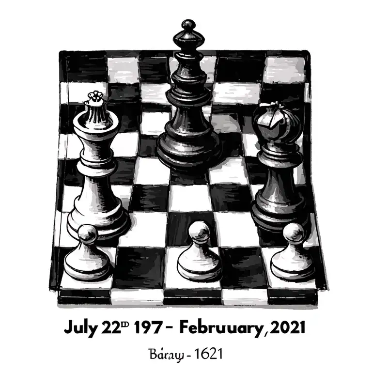 singe black queen chess peice with the dates July 22nd 1973 - February 6th 2021 underneath  tattoo design idea