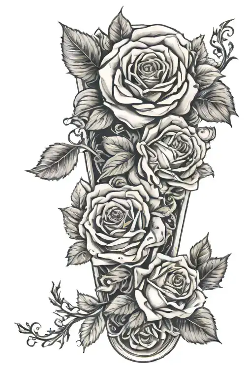 arm sleeve in fine art style, with roses as a frame, and incorporated in the tattoo: mason; nurse; carpenter and seamstr tattoo design idea