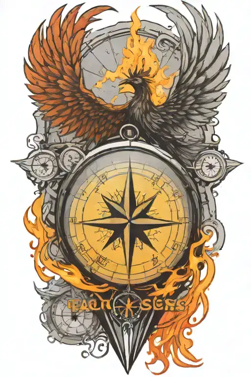 compass representing the course for life over time. Overlapping is a Phoenix rising up from the ashes tattoo design idea
